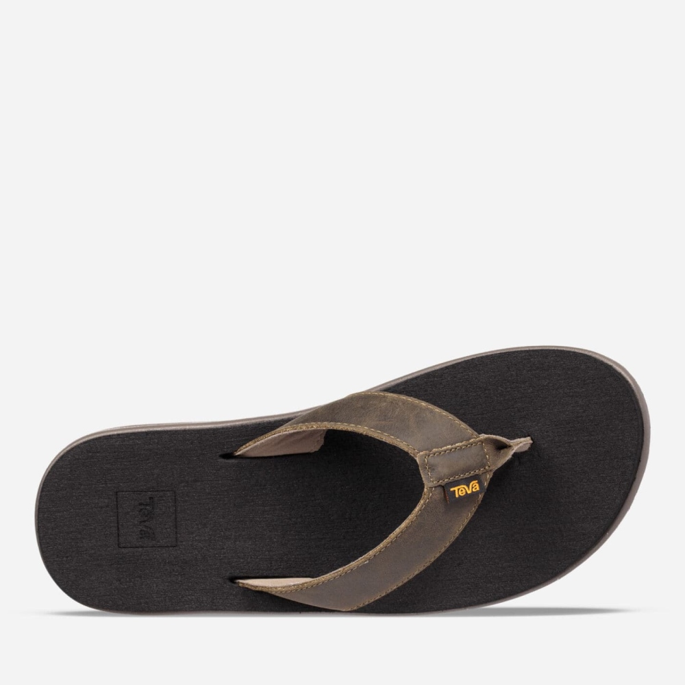 Men's Teva Voya Leather Flip Flops Olive | 360425VAI