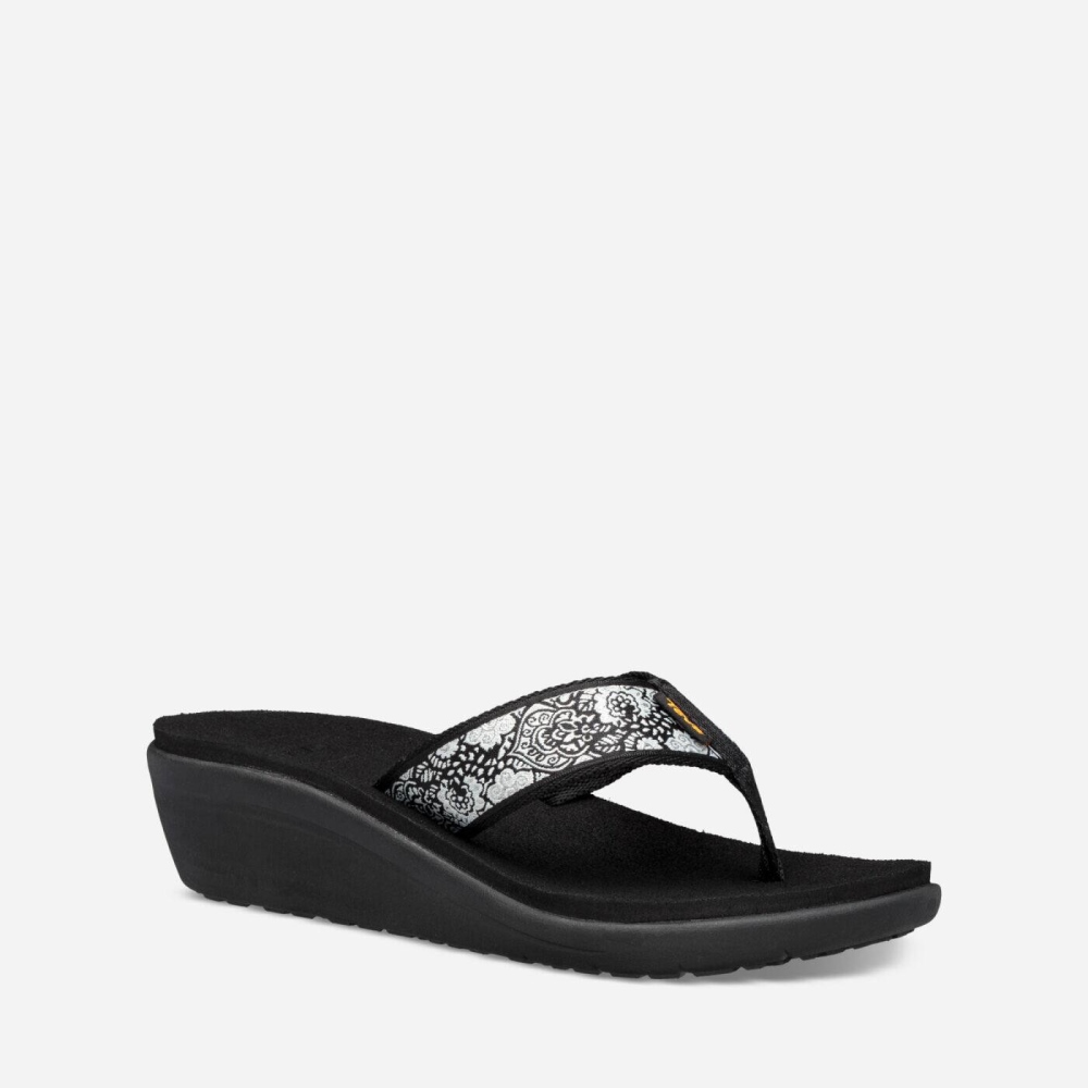 Women's Teva Voya Wedge Flip Flops Black White | 540217TIJ