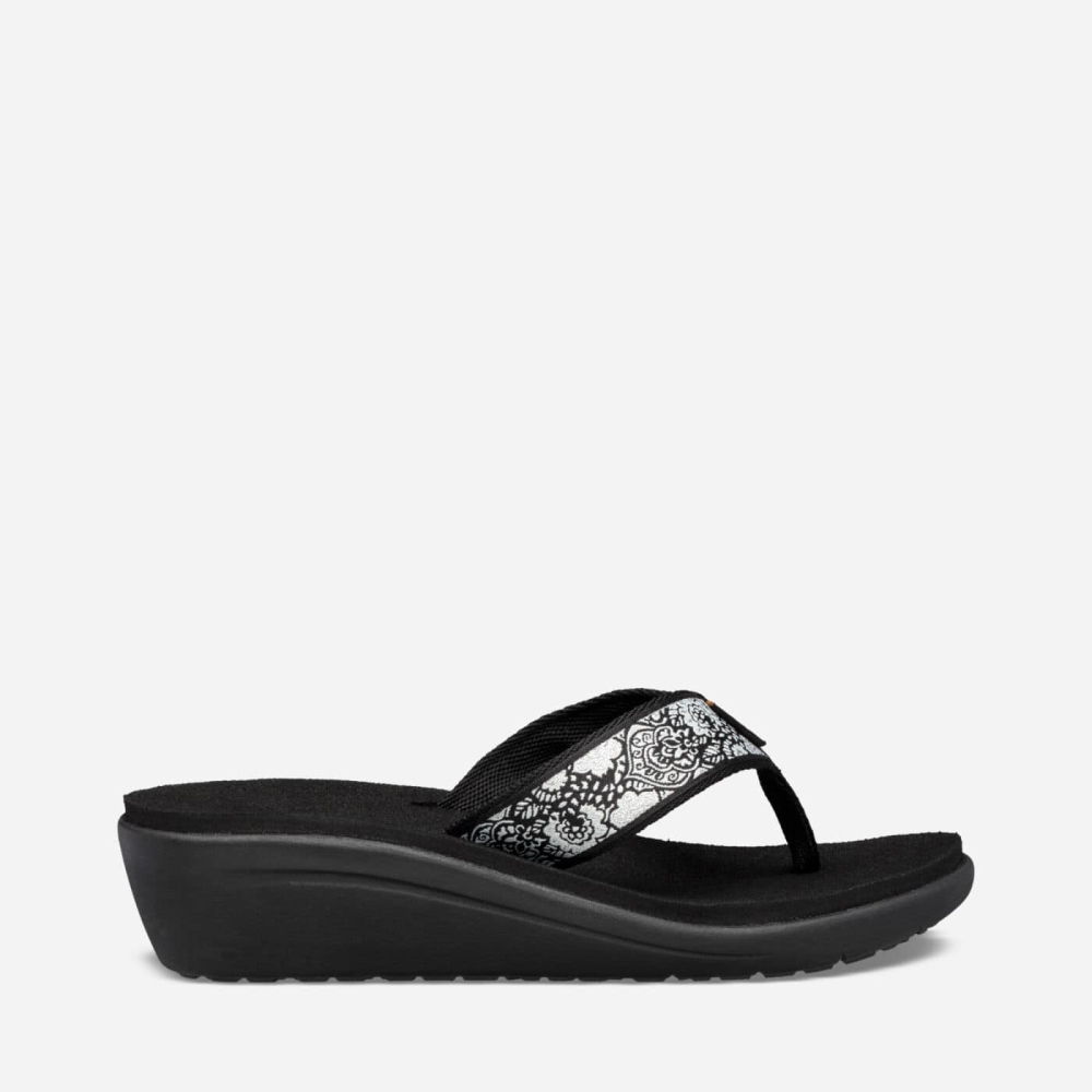 Women\'s Teva Voya Wedge Flip Flops Black White | 540217TIJ